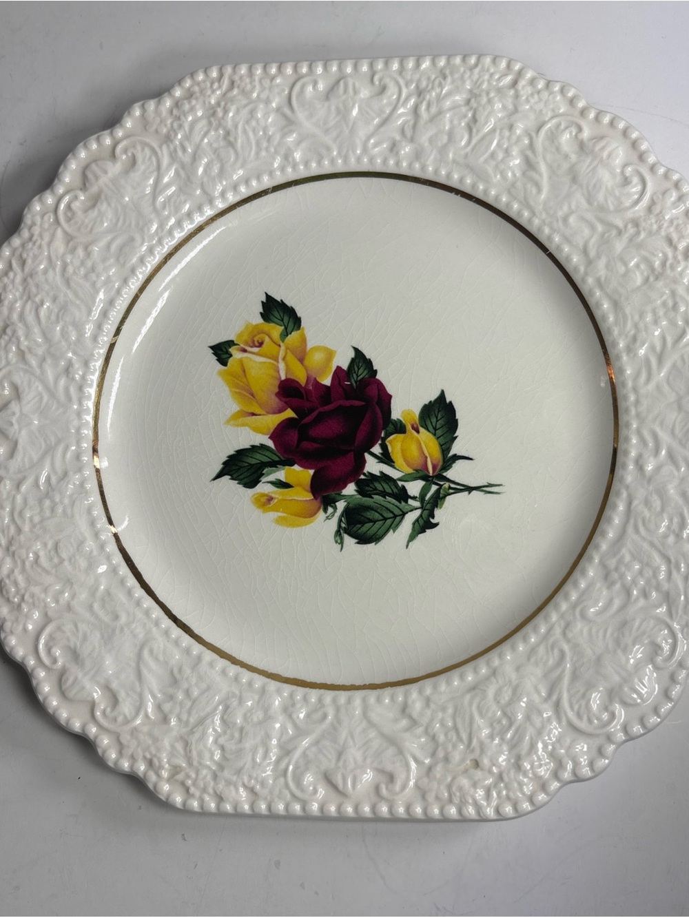 White Dinner Plate with Yellow and Red Rose Center and Gold Trim